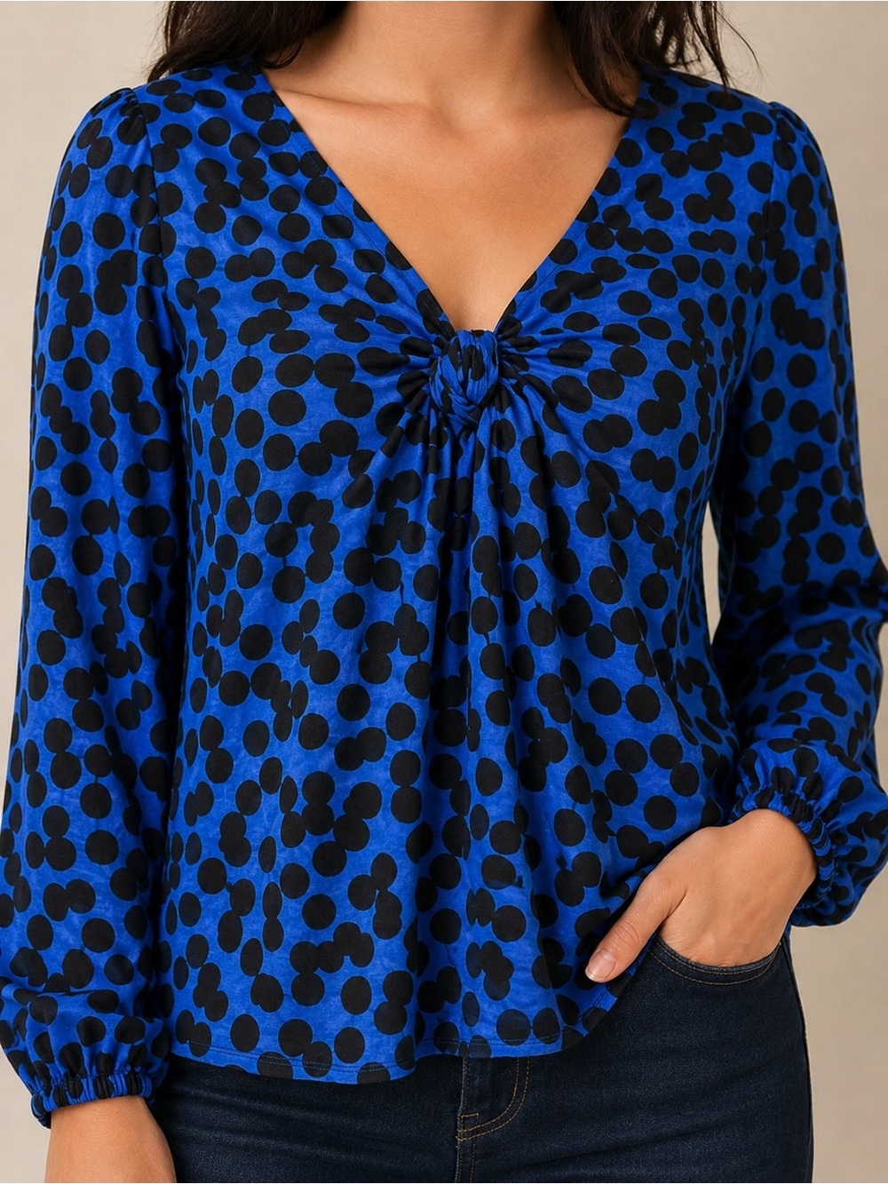 NWT AVA & VIV Blue Black Polka Dot Blouse XXL Tie Front Long Sleeve Top